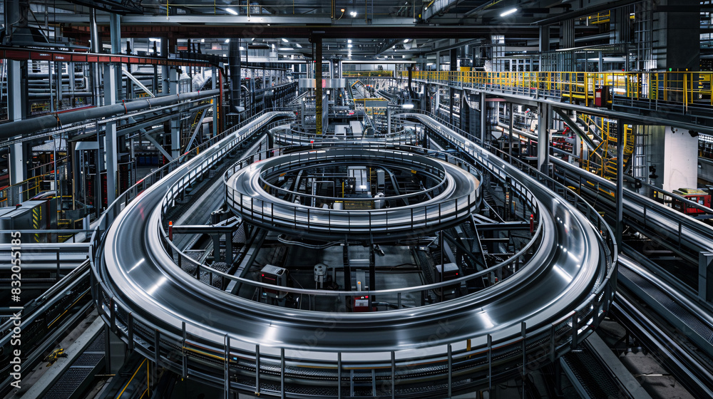 A large industrial building with many conveyor belts and pipes. Concept of industrialization and efficiency A large industrial building with many conveyor belts and pipes. Concept of industrialization and efficiency