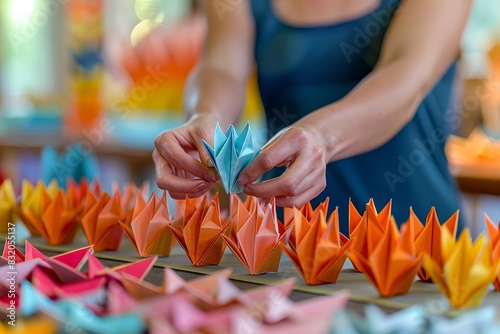 Making origami decorations for a festival, with closeup shots of the intricate folds and natural light, featuring a diverse group