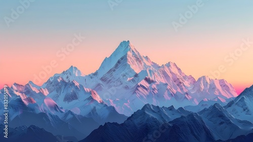 Stunning Panoramic View of Snow-Capped Mountain Range Against Minimalist Gradient Sunset Sky
