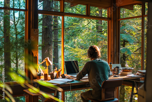 An entrepreneur working on a project in a cozy treehouse office, enveloped by the tranquil forest scenery. Ideal for illustrating remote work and nature-inspired productivity. Generative AI