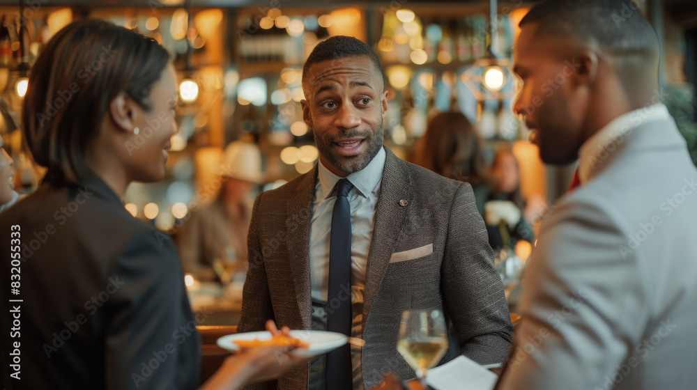 Three professionals engaging in conversation at a social event, dressed in formal attire, with drinks and appetizers in hand at a sophisticated venue. Three professionals engaging in conversation at a social event, dressed in formal attire, with drinks and appetizers in hand at a sophisticated venue.