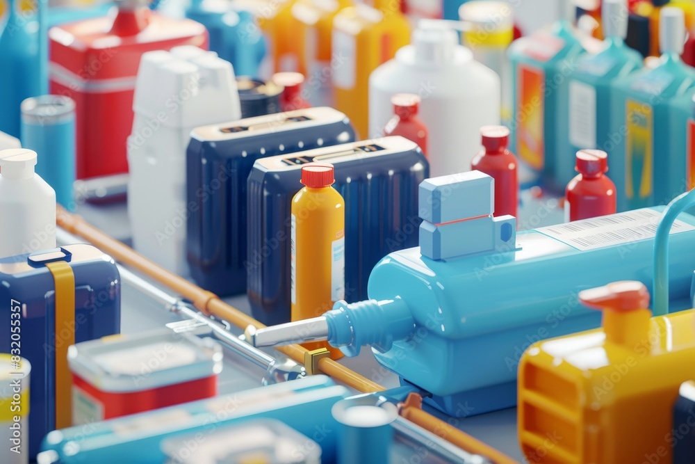 A colorful array of bottles and containers, including some with red caps A colorful array of bottles and containers, including some with red caps