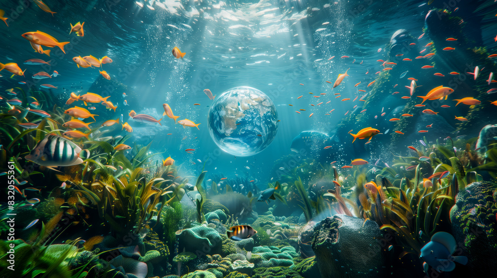 An underwater landscape with a transparent holographic globe floating amidst schools of fish and vibrant seaweed