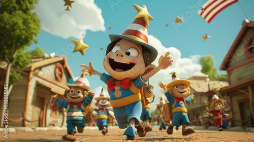 A lovable cartoon mascot leads a group of animated friends on a whimsical journey to collect stars and stripes in honor of Independence Day