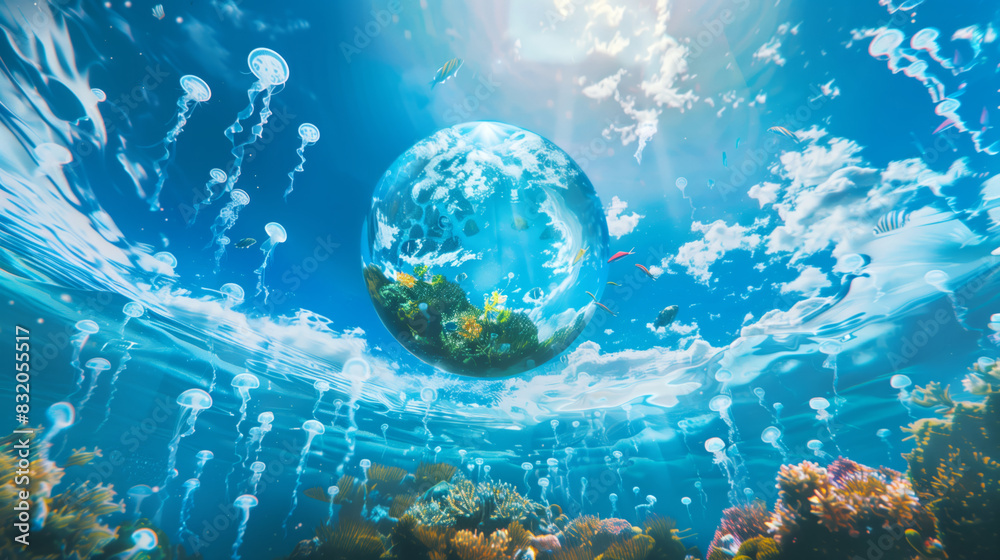 Naklejka premium a holographic globe suspended in clear blue ocean water, surrounded by jellyfish and underwater flora