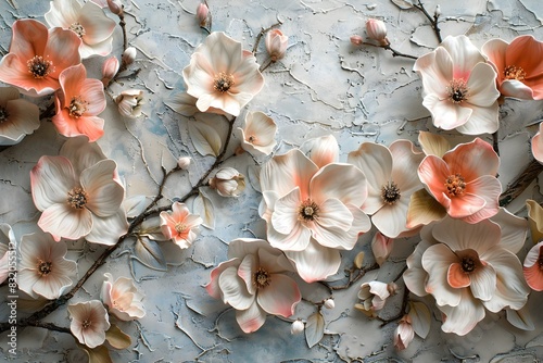 Whimsical Pastel Blossoms Cascading Across a Textured Canvas in an Aerial Botanical Pattern © Kwanjira