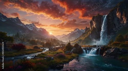 A majestic fantasy landscape with towering mountains, cascading waterfalls, and mystical creatures roaming the land. The sky is filled with vibrant colors of the sunset. generative ai