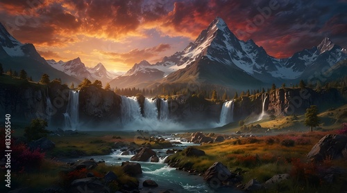 A majestic fantasy landscape with towering mountains, cascading waterfalls, and mystical creatures roaming the land. The sky is filled with vibrant colors of the sunset. generative ai