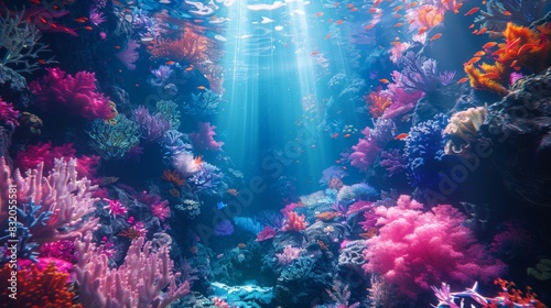 a surreal underwater scene blending 2D marine life with 3D coral structures  colorful and lively