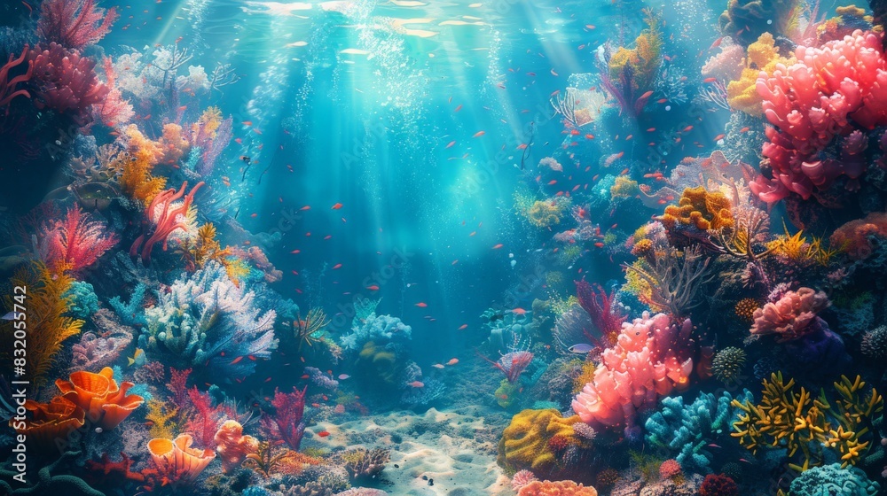 a surreal underwater scene blending 2D marine life with 3D coral structures, colorful and lively