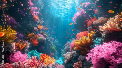 a surreal underwater scene blending 2D marine life with 3D coral structures, colorful and lively © pornchan