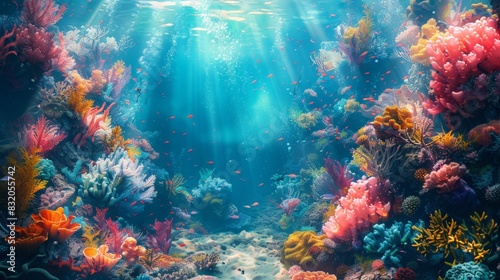 a surreal underwater scene blending 2D marine life with 3D coral structures  colorful and lively