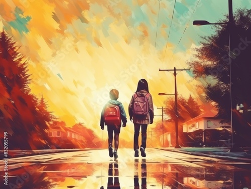 Two children with backpacks walking down a street at sunset, painting-like artistic image with vibrant autumn colors.