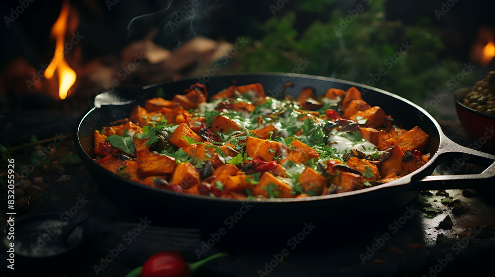 Turkey and Sweet Potato Skillet recipe. Generative AI Turkey and Sweet Potato Skillet recipe. Generative AI