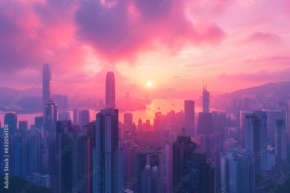 Bustling Metropolis at Pastel-Hued Sunrise with Iconic Skyscrapers Reaching into the Sky Bustling Metropolis at Pastel-Hued Sunrise with Iconic Skyscrapers Reaching into the Sky
