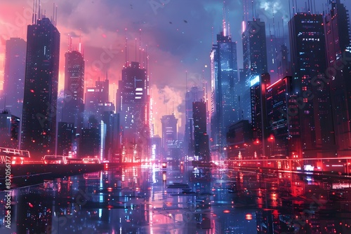 Wallpaper Mural Futuristic Glass Towers and Neon-Lit Streets in Shadowy City Skyline Torontodigital.ca