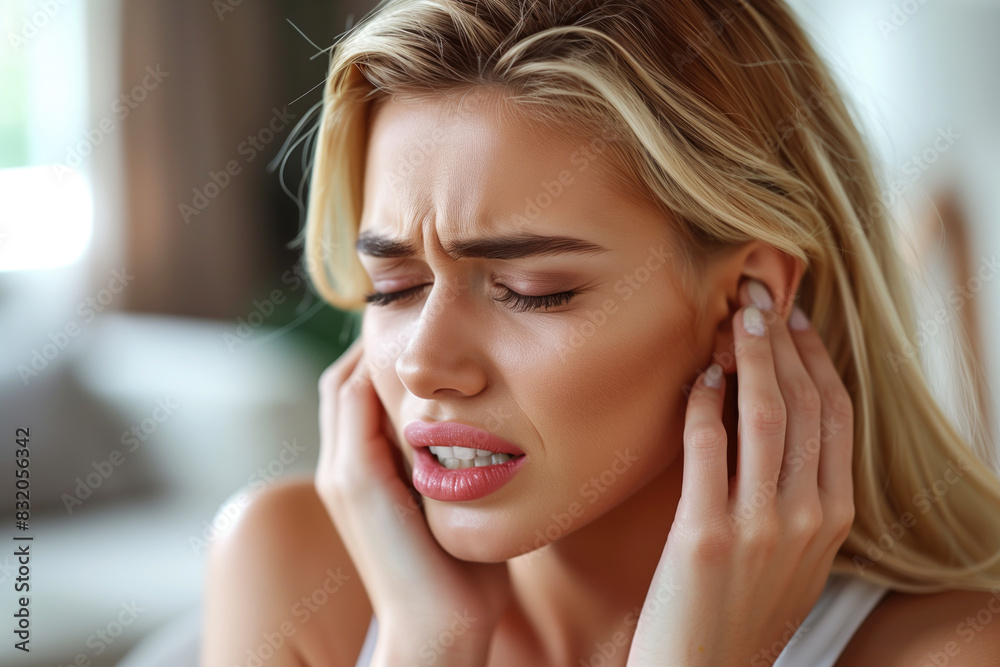 Woman with earache suffering from otitis at home, ear pain, health problems concept Woman with earache suffering from otitis at home, ear pain, health problems concept