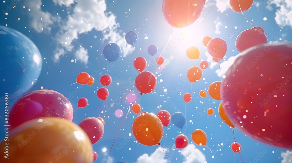Vibrant Balloons Floating in a Sunny,Whimsical Sky Vibrant Balloons Floating in a Sunny,Whimsical Sky