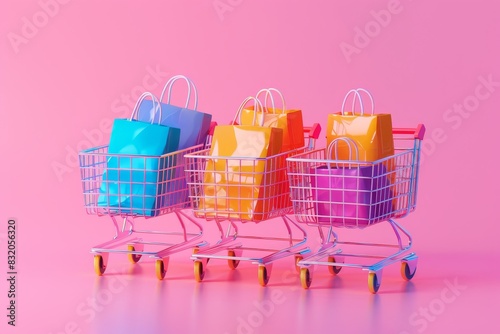 A shopping cart full of colorful bags is on display