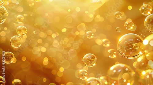 Luxury gold bubbles background with golden shining glowing glitter particles soap or oil bubble, circle of bubbles or coins.