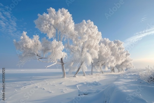 Frost-covered trees stand like sentinels amidst the frozen tundra, their branches adorned with delicate icicles. photo