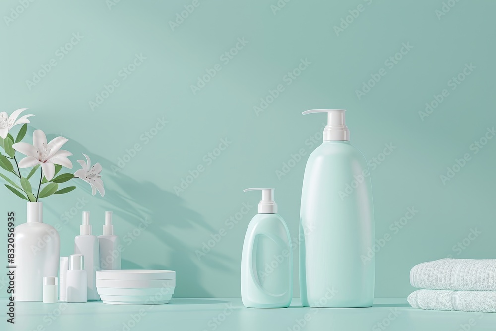 A green wall with a vase of flowers and a few bottles of lotion and soap A green wall with a vase of flowers and a few bottles of lotion and soap