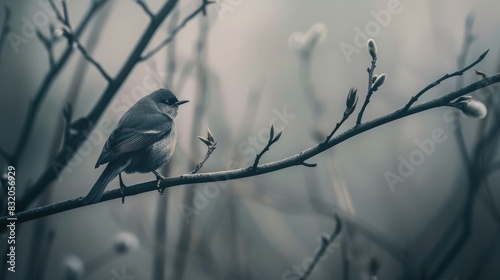 A little gray bird perched on a slender branch of a tall aged tree on an overcast day photo