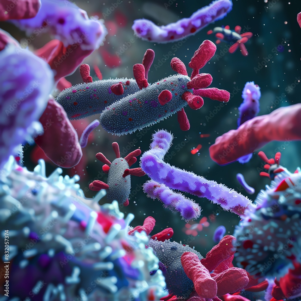 Fototapeta premium Colorful close-up of microscopic bacteria and viruses in a vibrant, intriguing, and artistic representation of the microbial world.