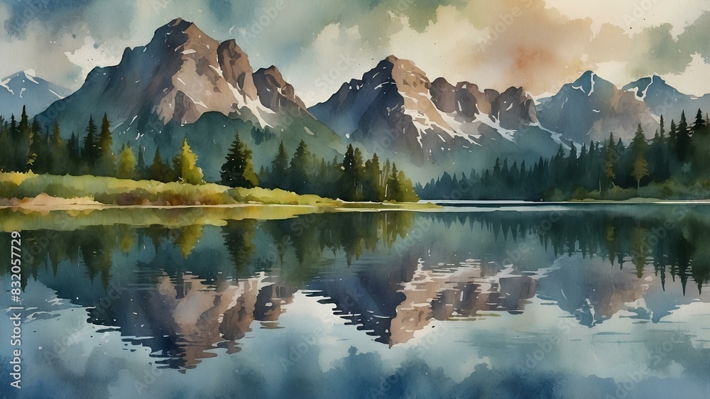 Serene Mountain Lake with Reflections Watercolor
