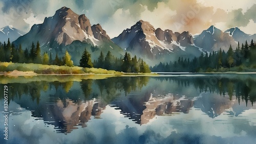 Serene Mountain Lake with Reflections Watercolor