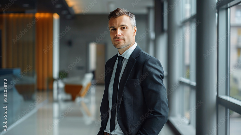 A businessman in a suit stands in front of office A businessman in a suit stands in front of office