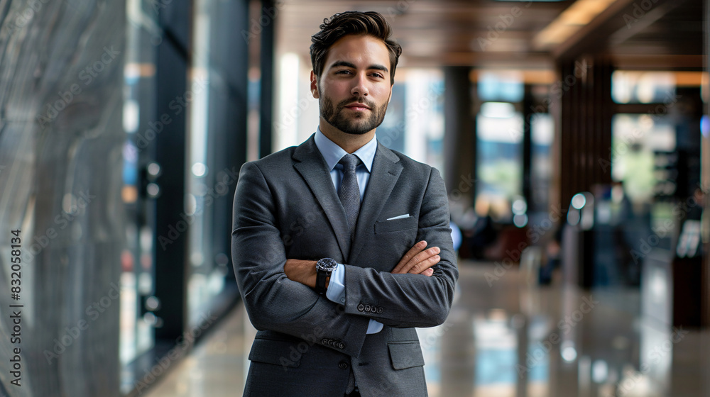 A businessman in a suit stands in front of office A businessman in a suit stands in front of office