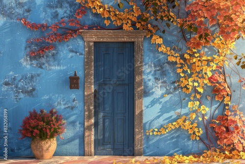 A blue door with a yellow leafy vine growing out of it