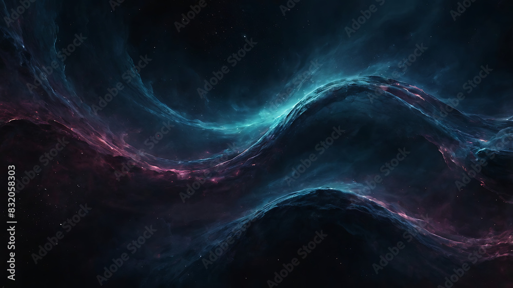 Abstract space themed dark illustrative wallpaper with futuristic energy wave design and nebula dust
