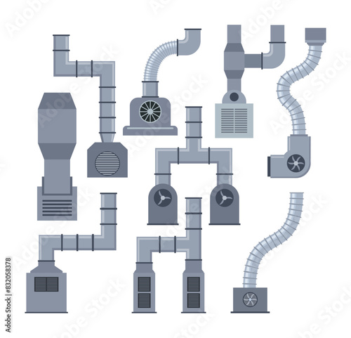 Set of Ventilation pipes of different shapes vector illustrations collection, drawings of vents, metal air ducts, tubes for factories, air conditioners, Ventilation, HVAC system concept.