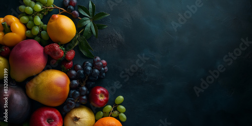An elegant display of various exotic and fresh fruits neatly organized on a black surface