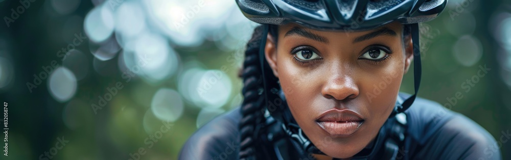 A close-up view of a young African American woman wearing a bike helmet A close-up view of a young African American woman wearing a bike helmet