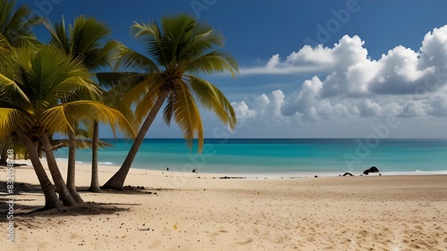 Beach with Palms and Blue Ocean  Panoramic view of tropical beach with coconut palm trees. Koh Samui  Beautiful tranquil beach holiday vacation background. Amazing island sunset beach view  palm tree 