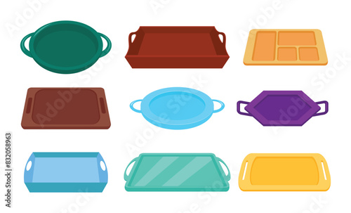 Set of plastic blank food tray with handles. Rectangular kitchen salvers, Fast food restaurant, cafeteria, cafe or catering service dishware, empty styrofoam containers, isolated on white background.