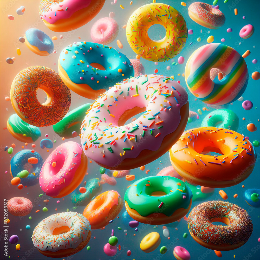 colorful donuts floating in the air colorful donuts floating in the air