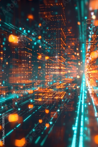 A dynamic wireframe visualization of network traffic, data packets represented by small, glowing cubes moving along lines