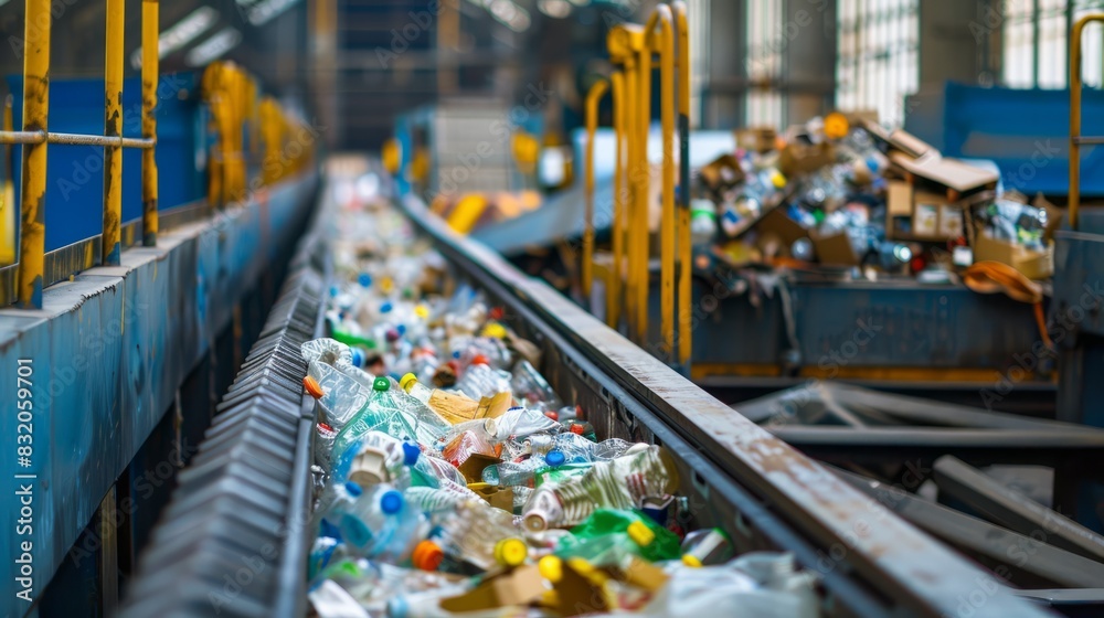 moving conveyor transporter on Modern waste recycling processing plant. Separate and sorting garbage collection. Recycling and storage of waste for further disposal. moving conveyor transporter on Modern waste recycling processing plant. Separate and sorting garbage collection. Recycling and storage of waste for further disposal.