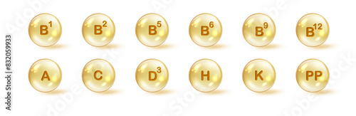 Vitamin golden gold drops. 3d oil capsules isolated on transparent background