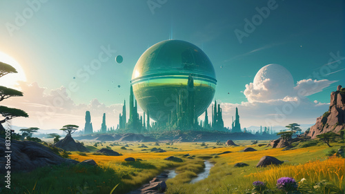 On the verdant plains of Xyloria, towering crystalline structures house a peaceful alien civilization under twin suns, Generative AI photo