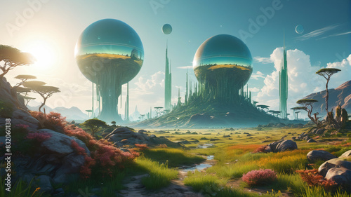 On the verdant plains of Xyloria, towering crystalline structures house a peaceful alien civilization under twin suns, Generative AI