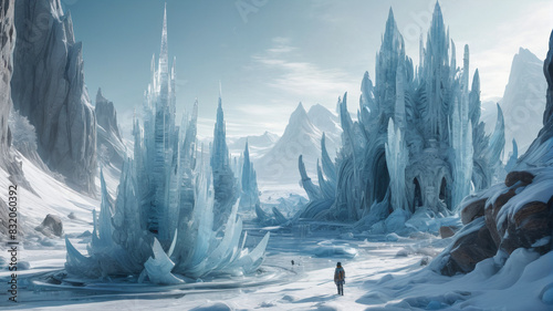 Amidst the icy expanse of Glacia, alien tribes thrive in harmony with nature, constructing elaborate ice palaces and sculptures, Generative AI photo