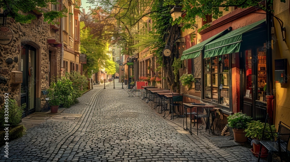 A historic cobblestone street with charming cafes and shops, panoramic perspective emphasizing its quaintness A historic cobblestone street with charming cafes and shops, panoramic perspective emphasizing its quaintness