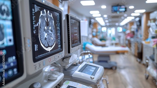 A medical MRI brain scan displayed on a monitor in a hospital room, showcasing high-tech healthcare equipment © familymedia