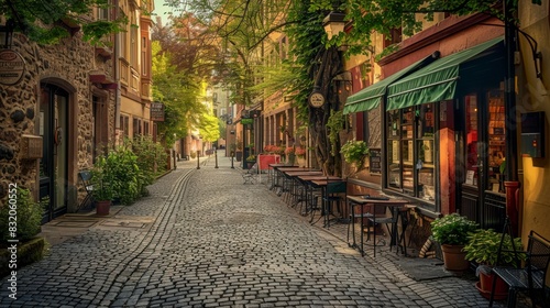 A historic cobblestone street with charming cafes and shops, panoramic perspective emphasizing its quaintness