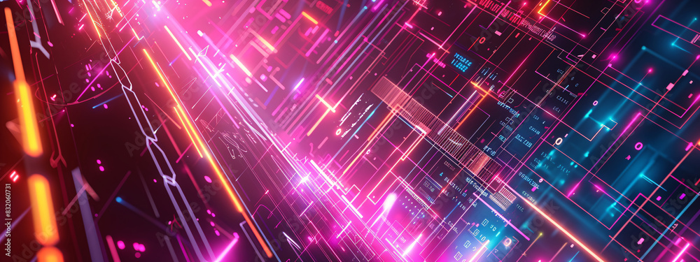 A colorful image of a computer screen with many lines and dots. Concept of technology and complexity A colorful image of a computer screen with many lines and dots. Concept of technology and complexity